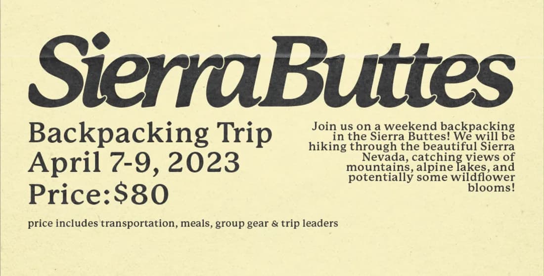 Detail of the story's cream panel: the trip name, then the dates and price on the left with the description centre-set beside them at a similar weight.