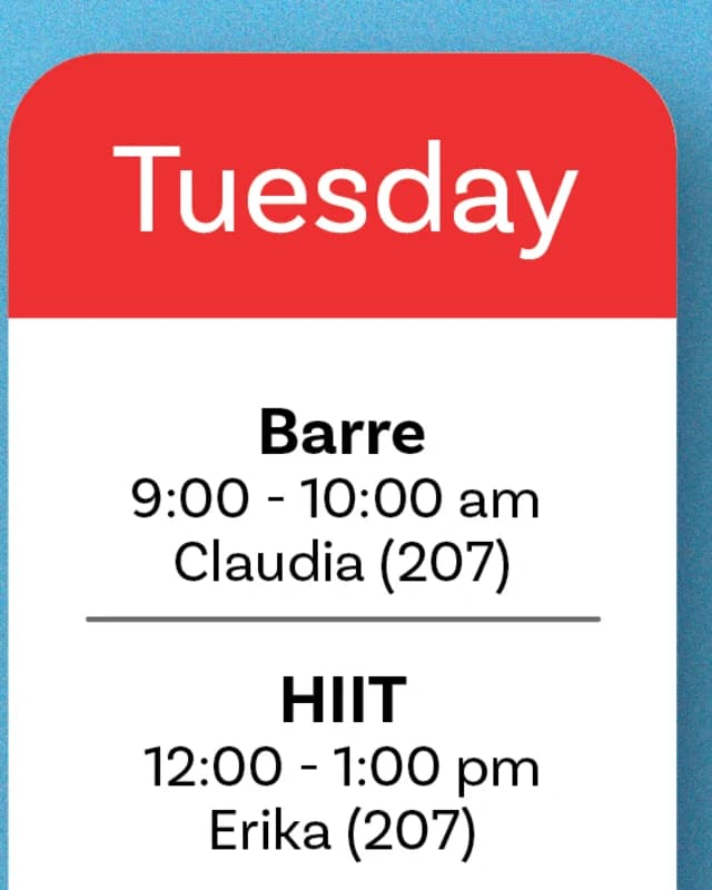 Detail of the top of the Tuesday column: three classes, each set as a class name, a time and an instructor at nearly the same weight.