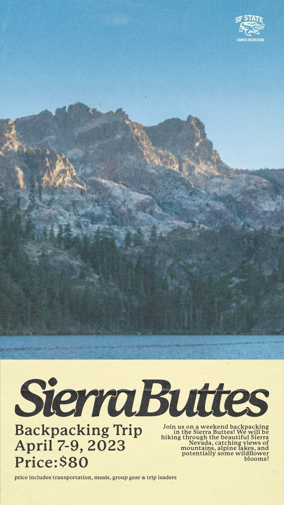 Instagram story for a Sierra Buttes backpacking trip, with a photograph of the buttes above a cream information panel.