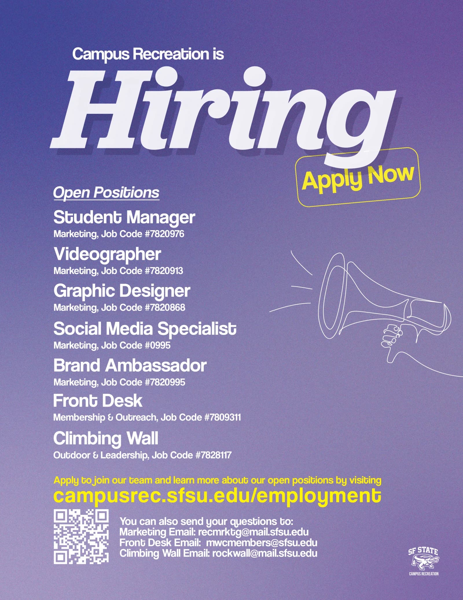 Purple Campus Recreation hiring flyer listing seven open positions above a QR code.