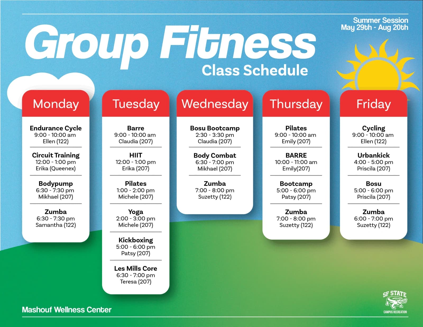 Group Fitness summer class schedule on a sky, hill and sun background, with five white day columns under red headers.
