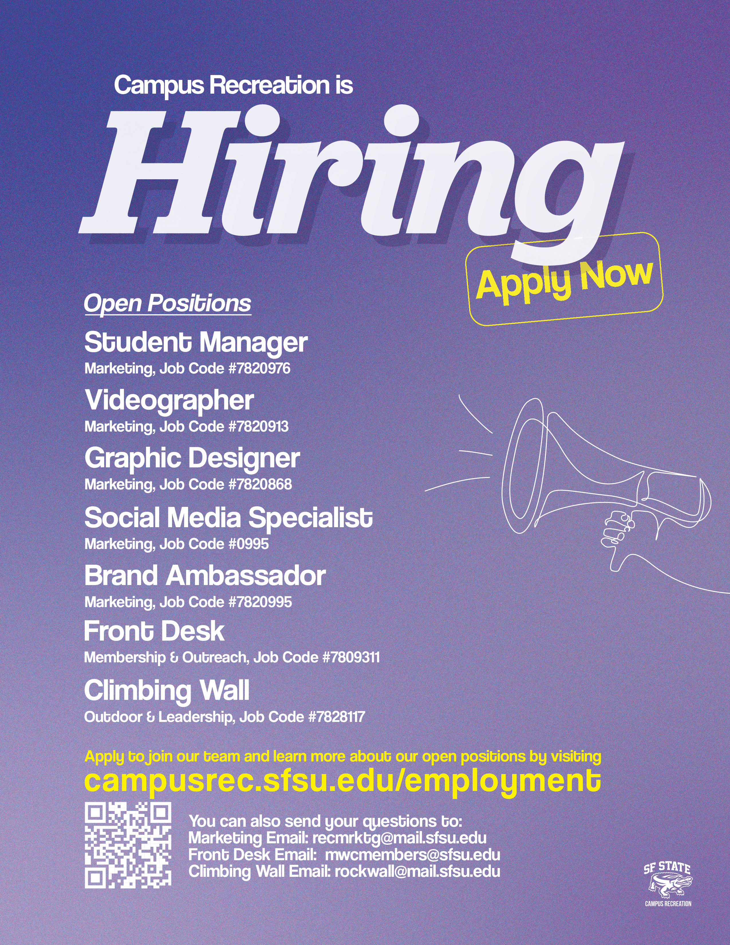 Purple Campus Recreation hiring flyer listing seven open positions above a QR code.