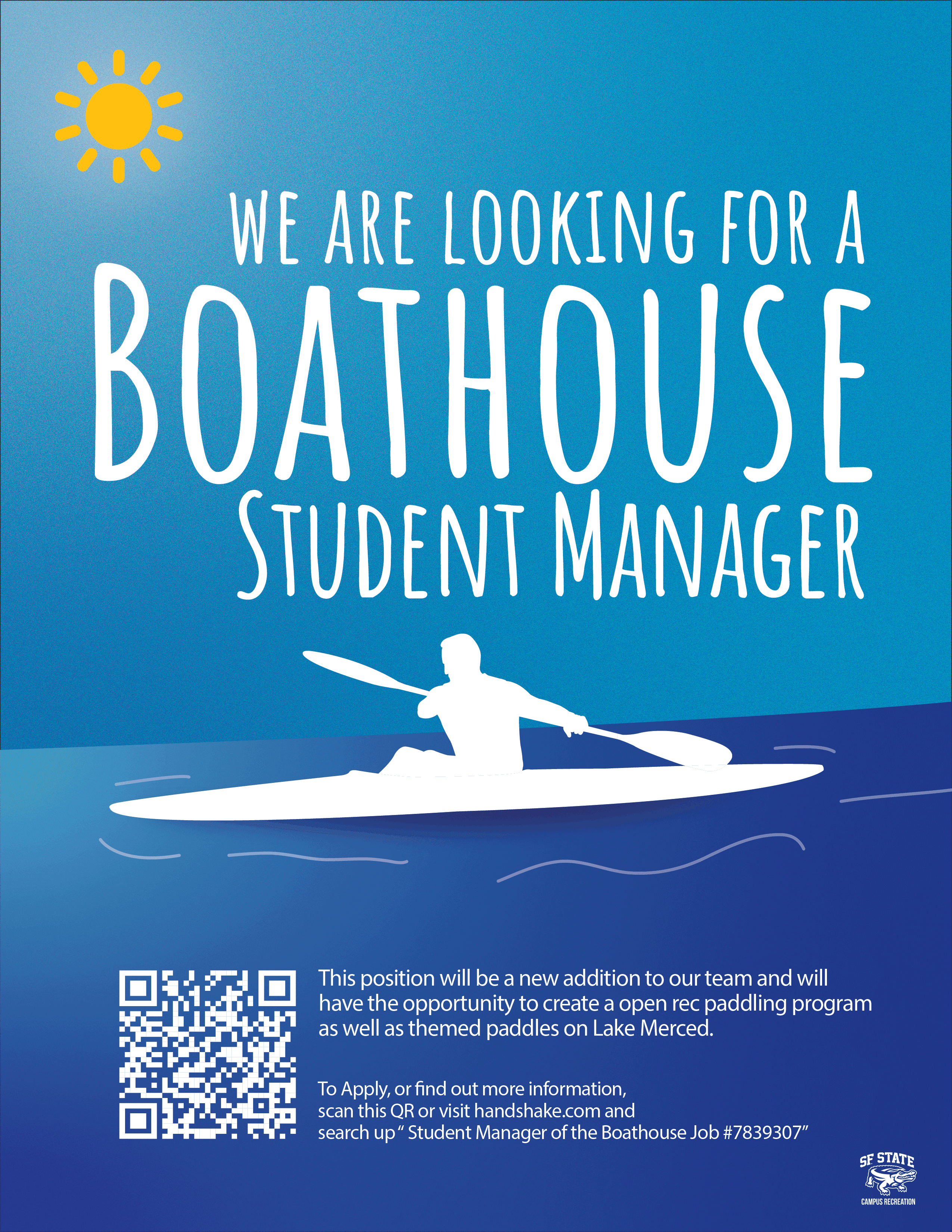 Blue Boathouse Student Manager flyer with a white kayaker illustration and a QR code.