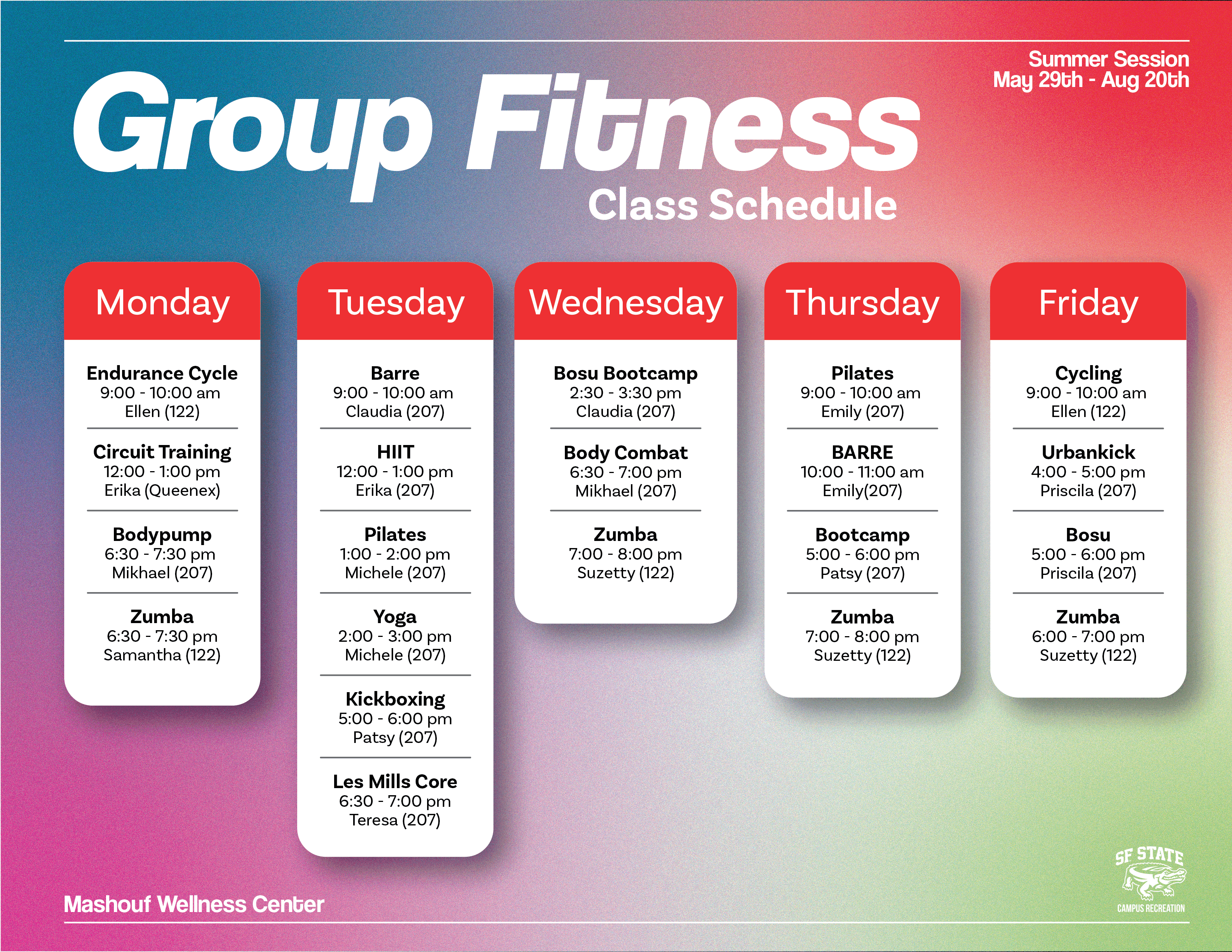 Group fitness summer class schedule on a red, blue, and green gradient background, with five white day columns under red headers.